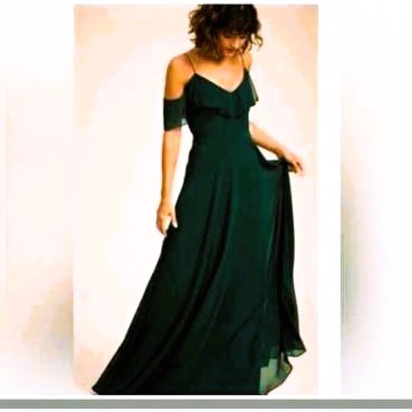 Jenny Yoo Mila Forest Green Flutter Sleeve Formal Gown Bridesmaid Dress Gown 16 - Picture 4 of 4